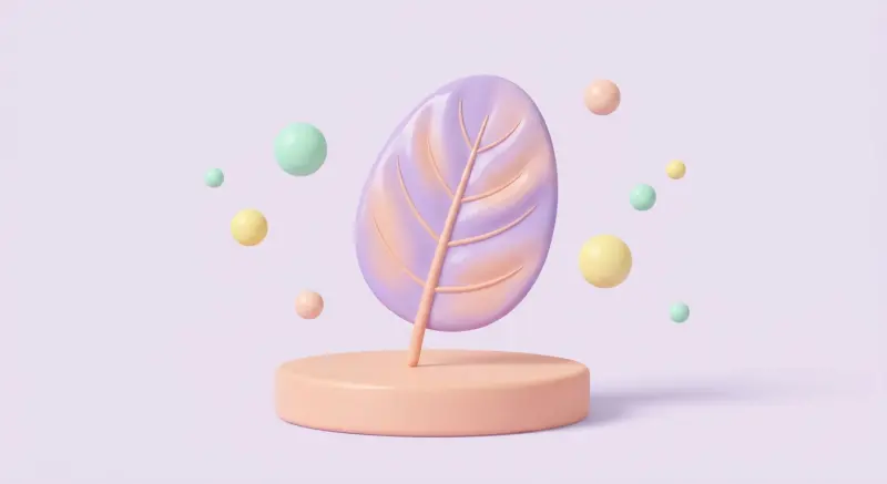 Une feuille stylisée posée sur un socle pastel, entourée de petites sphères